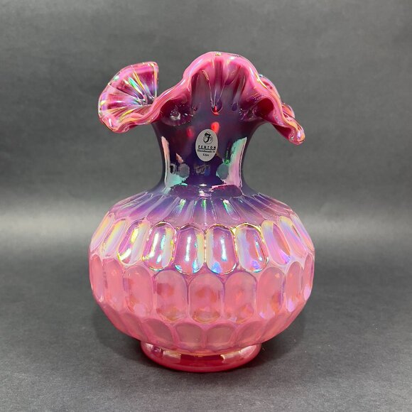 Vtg Frank Fenton Art Glass Plum Pink Carnival Iridescent Thumbprint Vase Signed - Picture 2 of 15